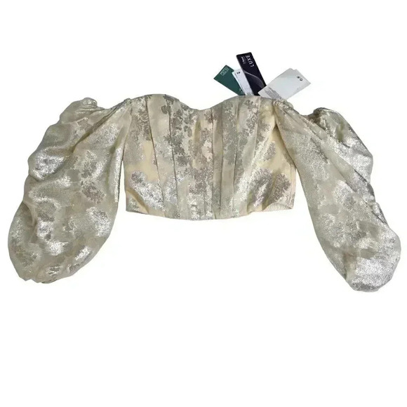 NWT H&M Conscious Off-the-shoulder Top Beige Silver Balloon  Sleeve Size O - Picture 8 of 15